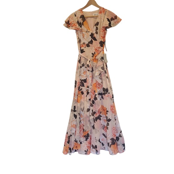 NWT Eliza J Sz 0P Peach Floral Faux Wrap Ruffled Flutter Sleeves Maxi Dress - Picture 2 of 8